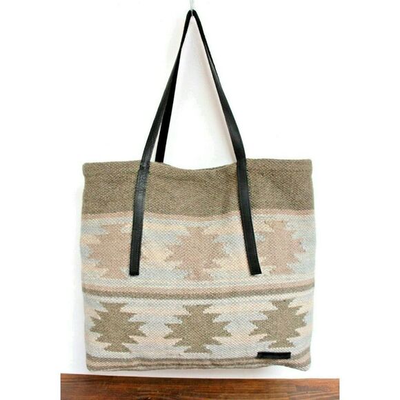 XL MURKA BLACK GENUINE LEATHER NATIVE WOOL RUG TAPESTRY BOHO SHOULDER BAG TOTE - Picture 3 of 7